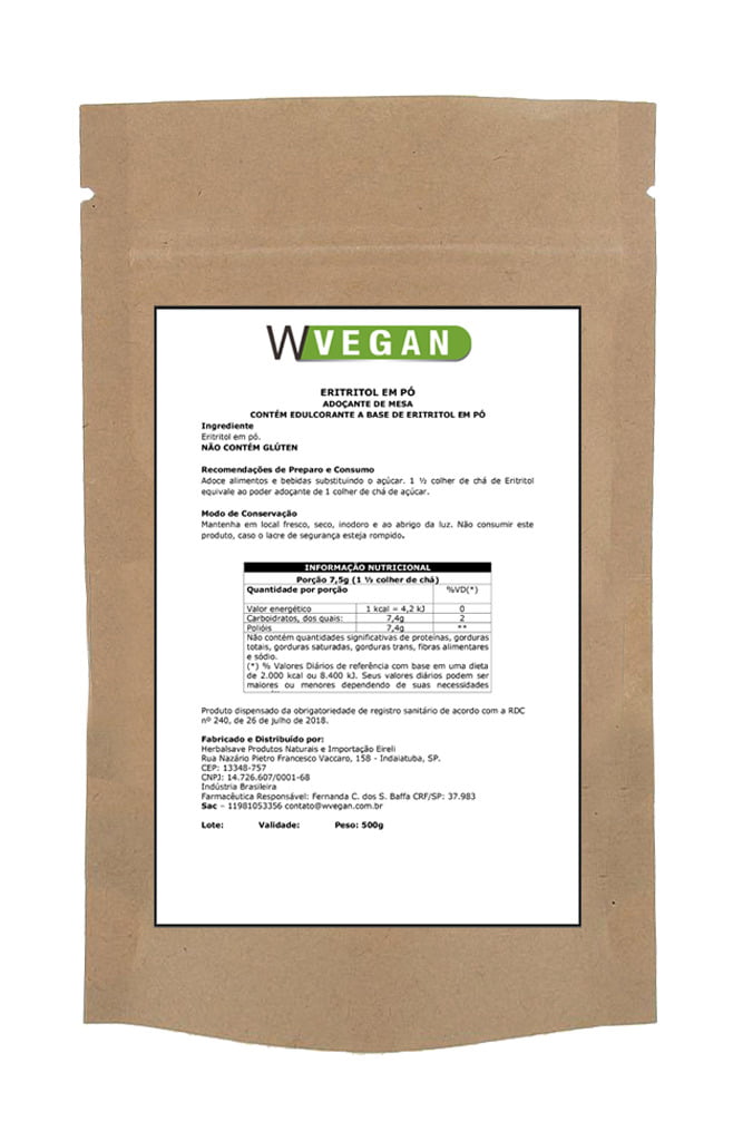 Eritritol 500g Embalagem Refil WVegan Vegano
