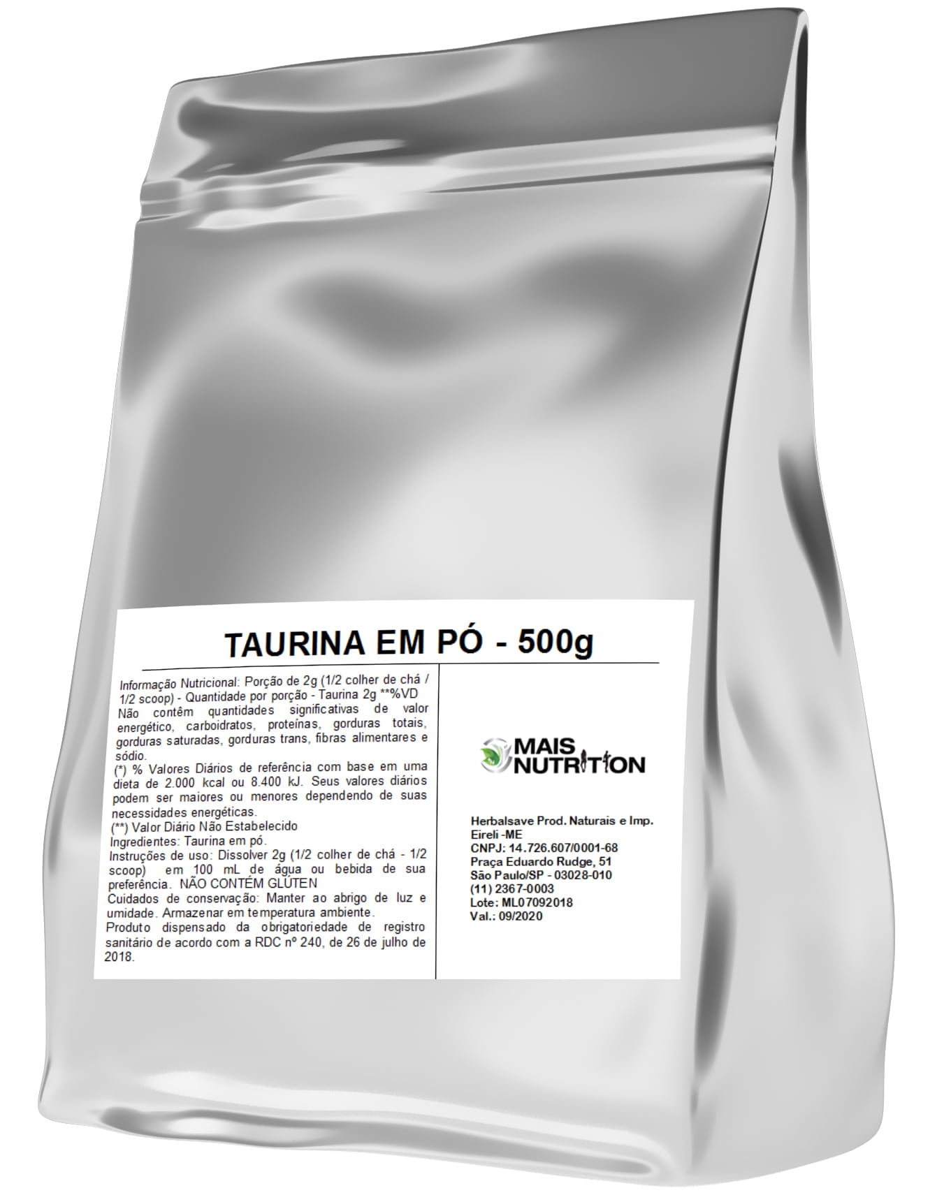 Taurina 500 gramas 500g Embalagem Refil Mais Nutrition