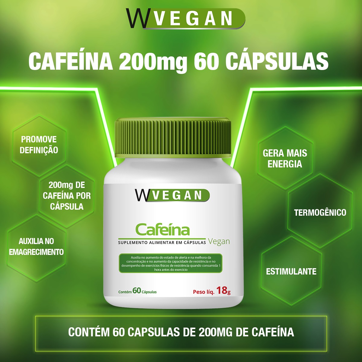 Cafeina 200mg 60 capsulas WVegan Vegano