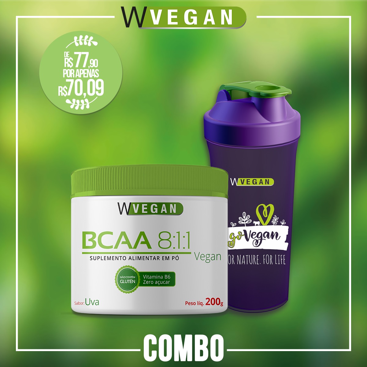 Combo 1 BCAA 200g WVegan Uva + 1 Coqueteleira GoVegan Vegano