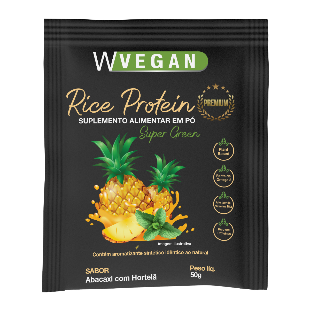 Rice Protein Premium 50g Sache Sabor Abacaxi com Hortela WVegan Vegano